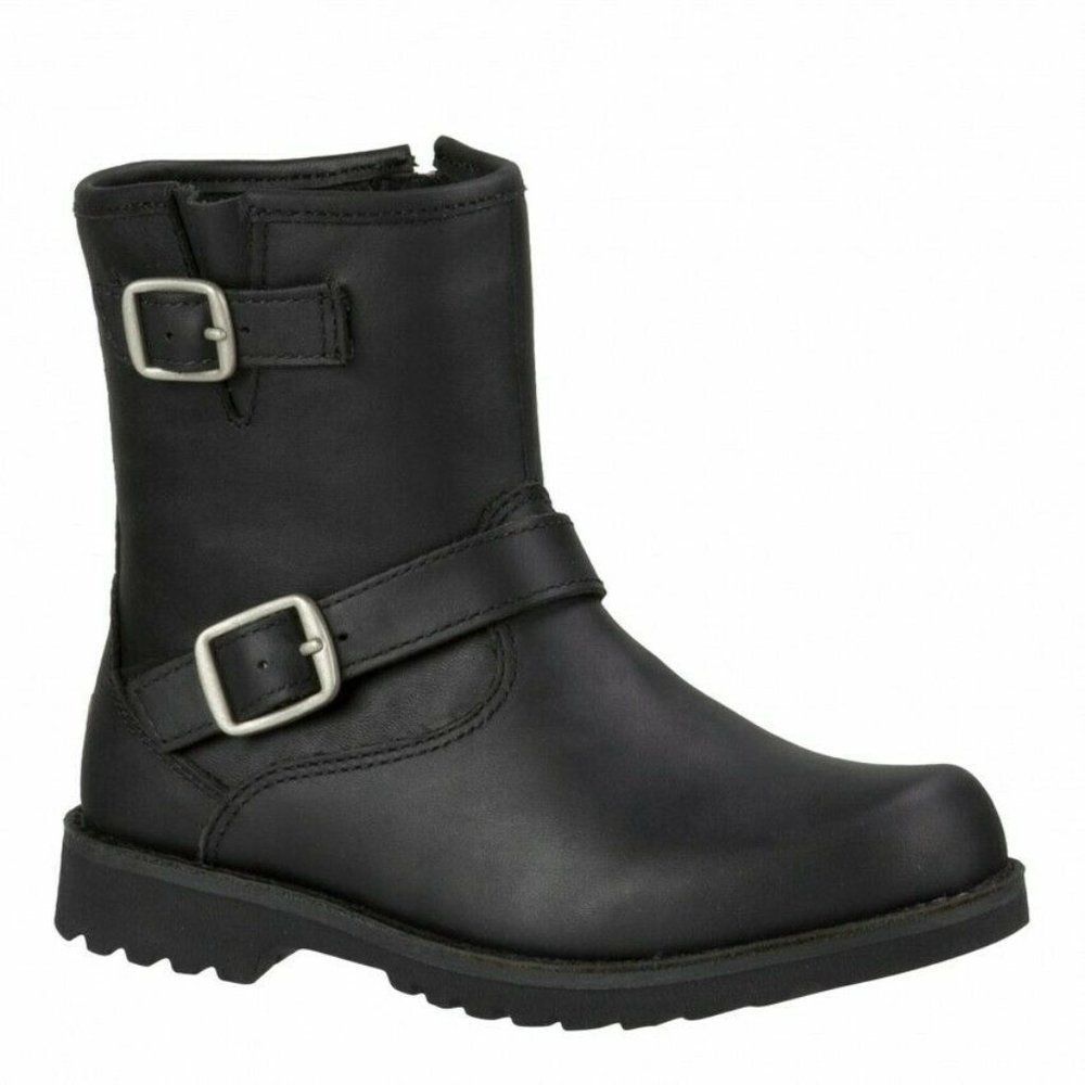 UGG Girls Black Harwell 1008003K Leather Double Buckle Side Zip Ankle Boots US 2